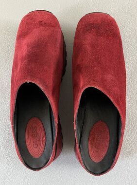 VTG Guess Sport Burgundy Suede Leather Clogs Mules Chunky Square Toe Sz 10 Y2K